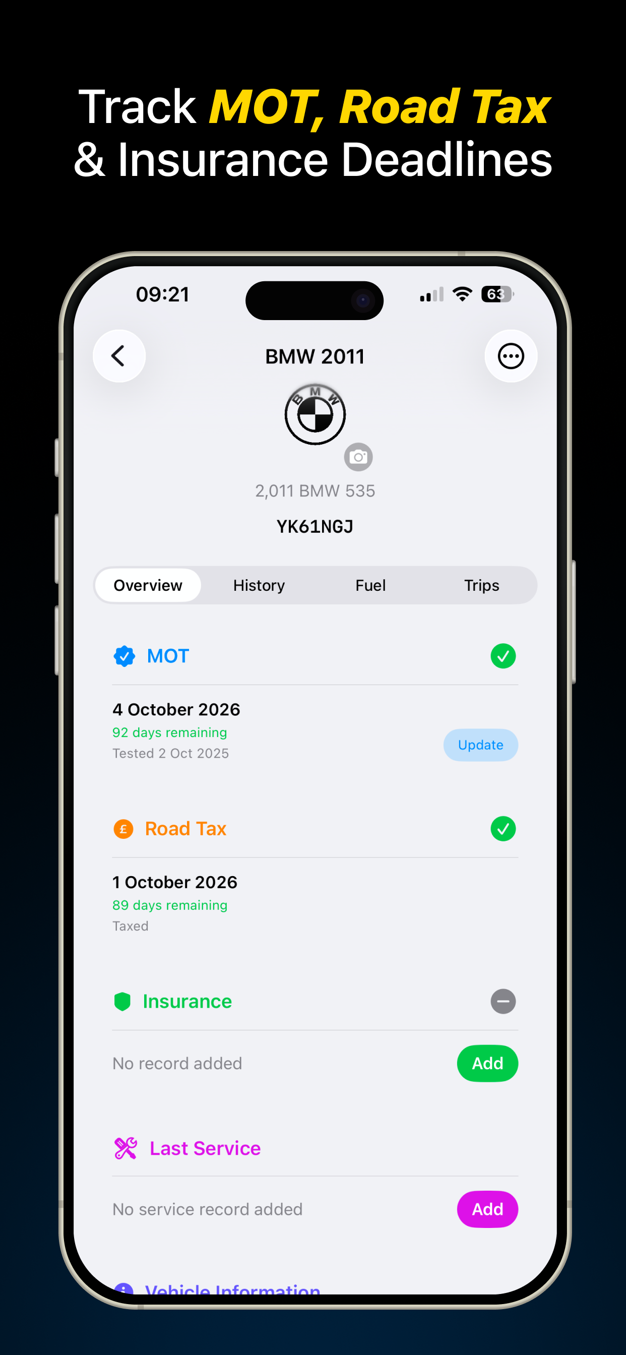 Roadilo — Track MOT, road tax & insurance deadlines